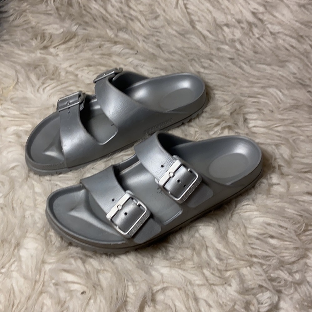Birkenstock Arizona Essentials Silver Metallic Slide Sandals